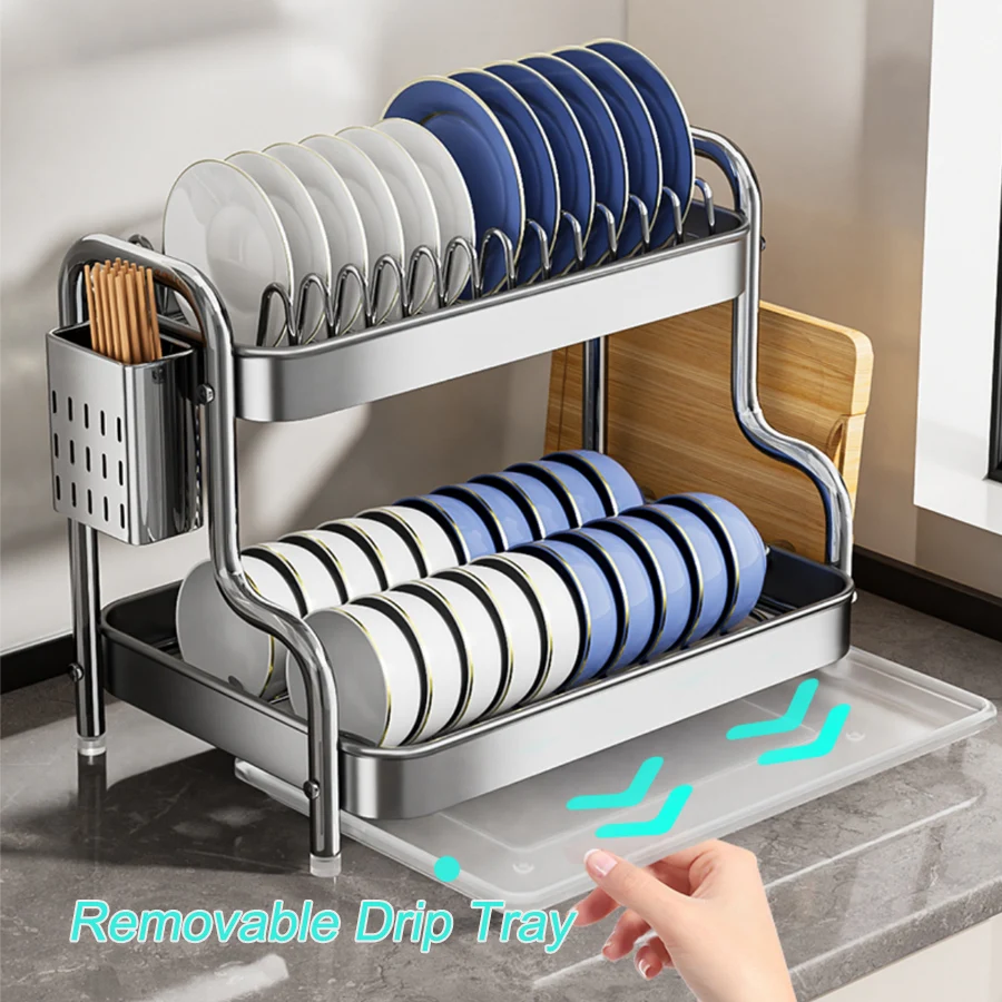 رف الأطباق، رف تجفيف الأطباق من الفولاذ المقاوم للصدأ مع صينية تصريف وحامل أواني، رف أطباق ذو سعة كبيرة للأطباق والأطباق