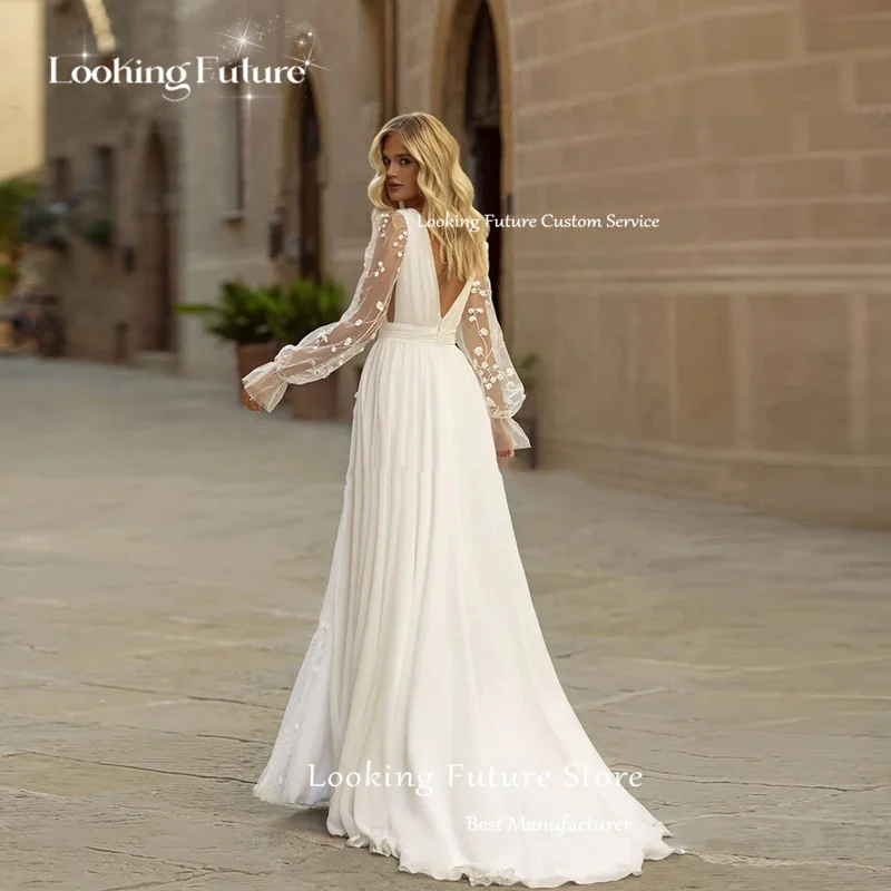 Modern A-Line Wedding Dress Sexy V Neck Illusion Appliques Backless Zipper Wedding Gown Long Sleeve High Side Slit Sweep Train