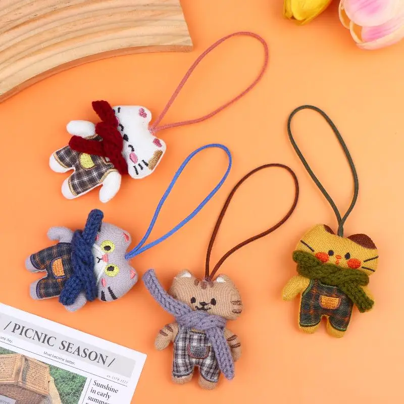 Cute Cat Plush Keychain with Fuzzy Mini Scarf Kitten Doll Fabric Animal Charm Bag Pendant for Purse Decor