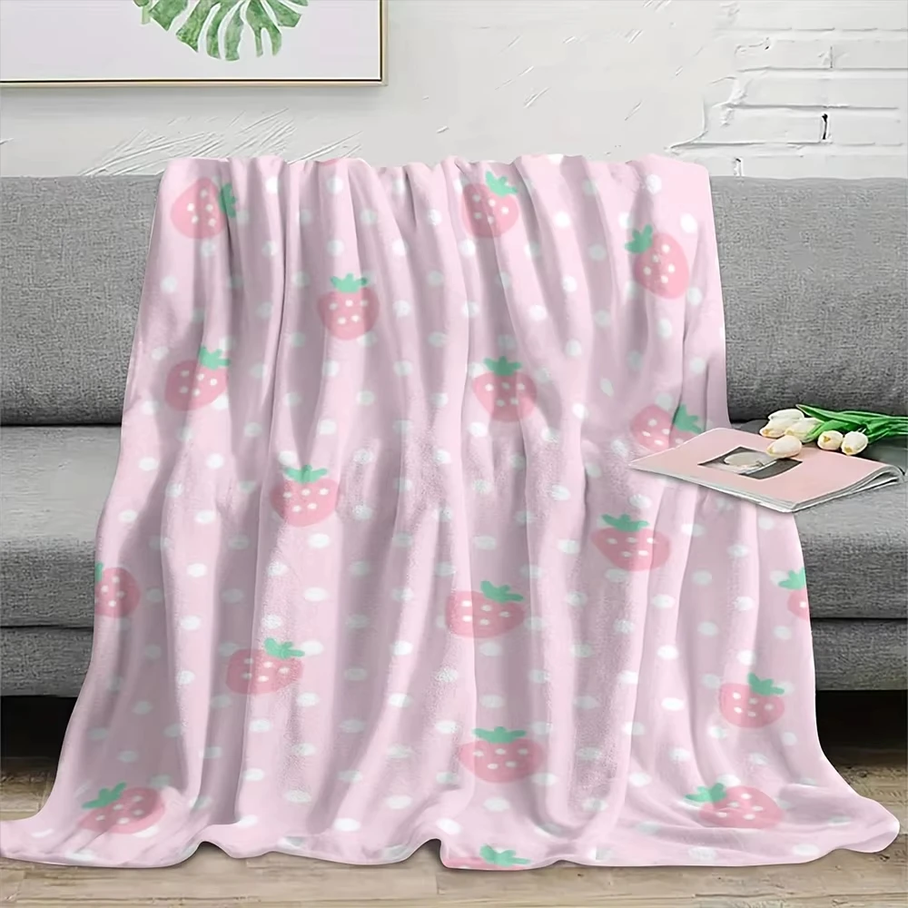 Pink Strawberry Polka Dot Flannel Throw Blanket Soft Cozy Cute Kawaii Blanket for Bedroom Living Room Dorm Decor
