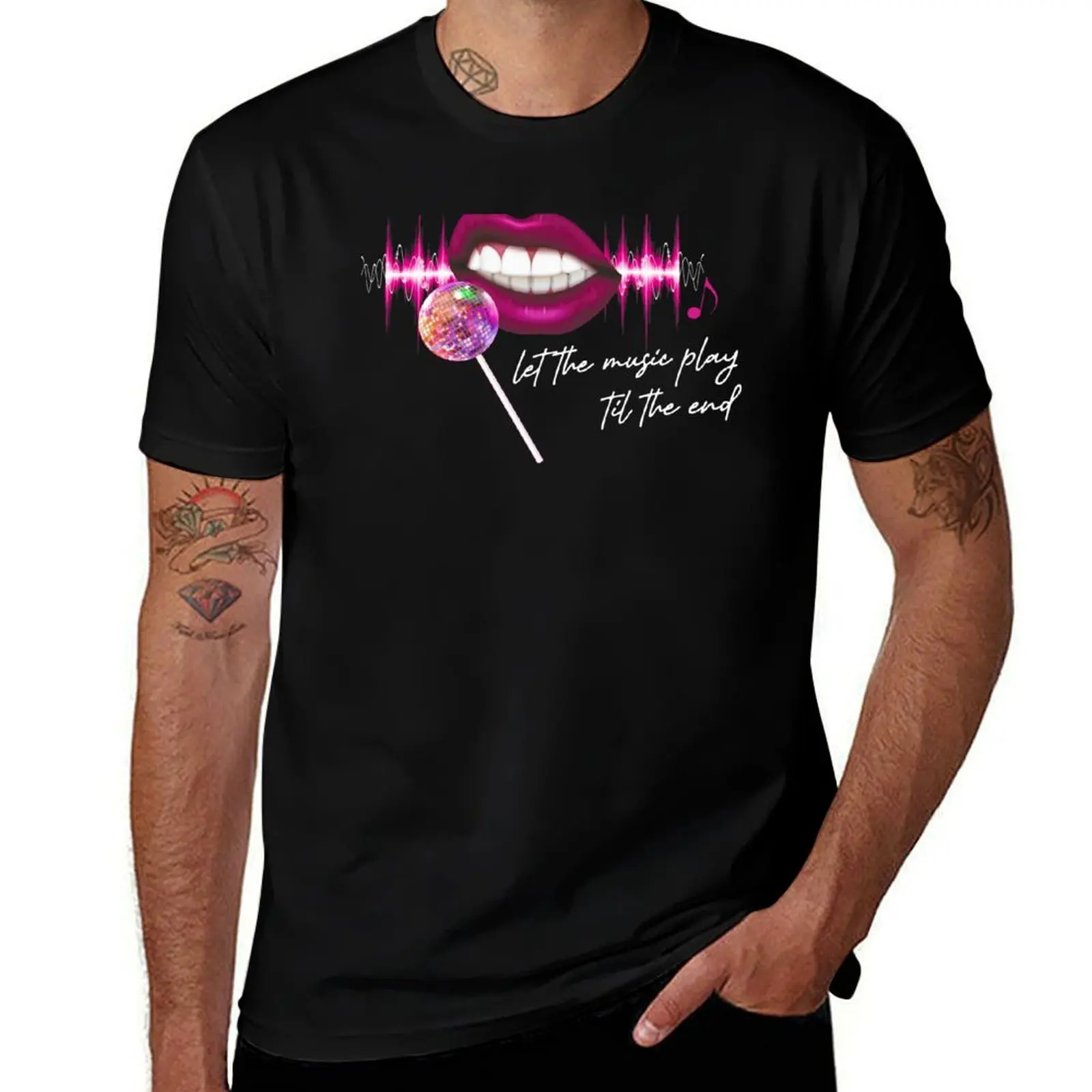 Let The Music Play Til The End Pink Lips Mirrorball Lollipop Microphone Trustfall Design Option 2 T-Shirt
