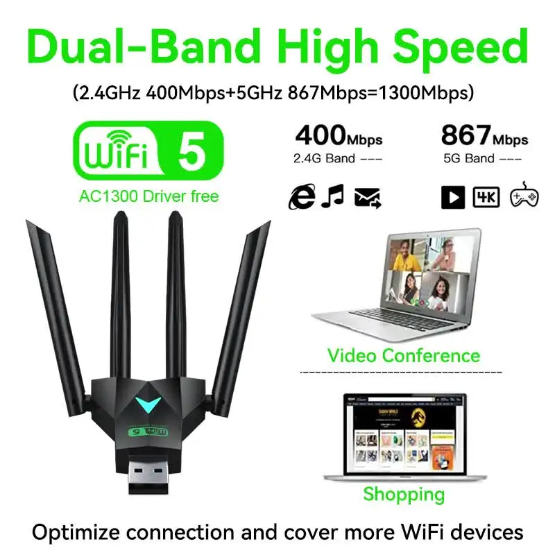 Adattatore WiFi USB 1300 Mbps – Dual Band 2.4G/5GHz, 802.11ac, Per Windows