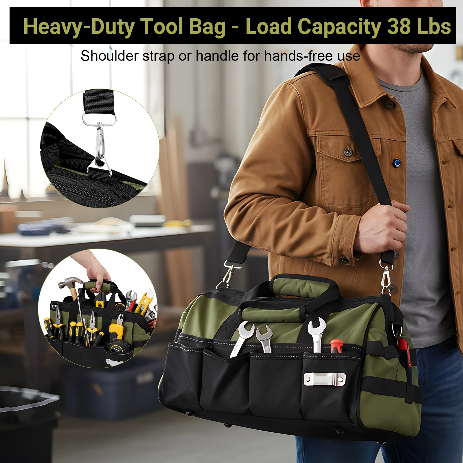 Professional Tool Bag With 21 Compartments Tool Storage For Electricians, Mechanics, Craftsmen Soft Handles Gift For Men Dad