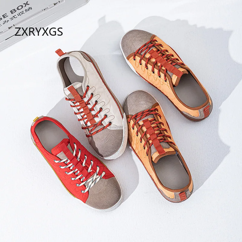 ZXRYXGS 2026 Matte Cowhide Splicing Cloth Spell Colors Women Shoes Fashion Casual Sneakers Lace-up Comfortable Breathable Flats
