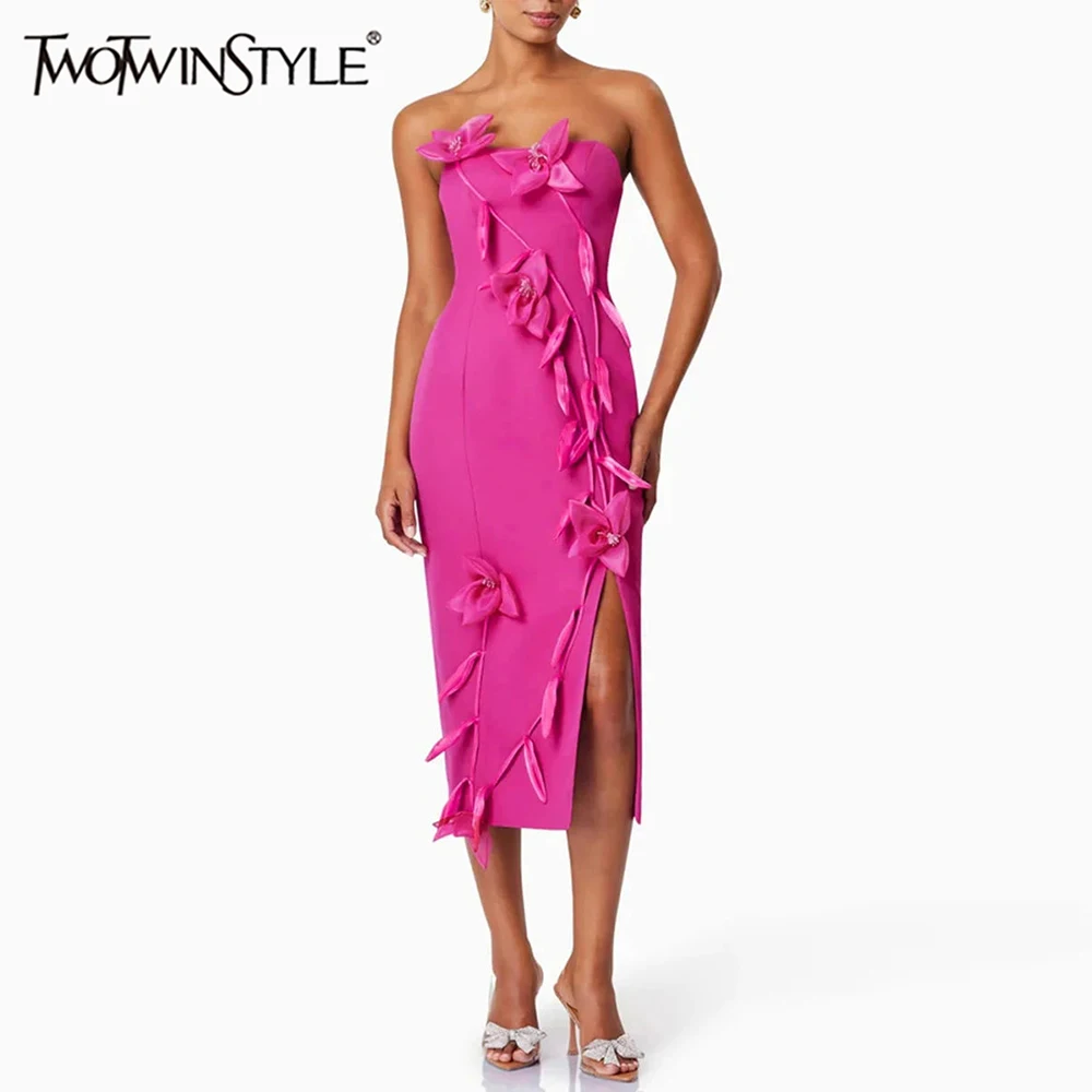 

TWOTWINSTYLE Solid Slimming Spliced Appliques Elegant Dresses for Women Srtapless Sleeveless Split Dress Femlae Fashion Clothing