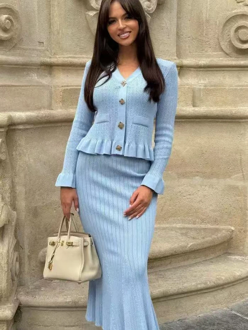 

STYLISH LADY Ruffle Knitted Elegant 2 Piece Set Women Flare Sleeve Top and Midi Skirt Suits 2025 Autumn Solid OL Party Outfits