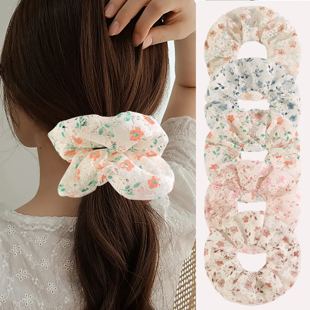 Romantic Floral Hollow Out Lace Design Hair Scrunchies Fresh Pastoral Style Ponytail Ties Sweet Girl Ruffled Headwear New