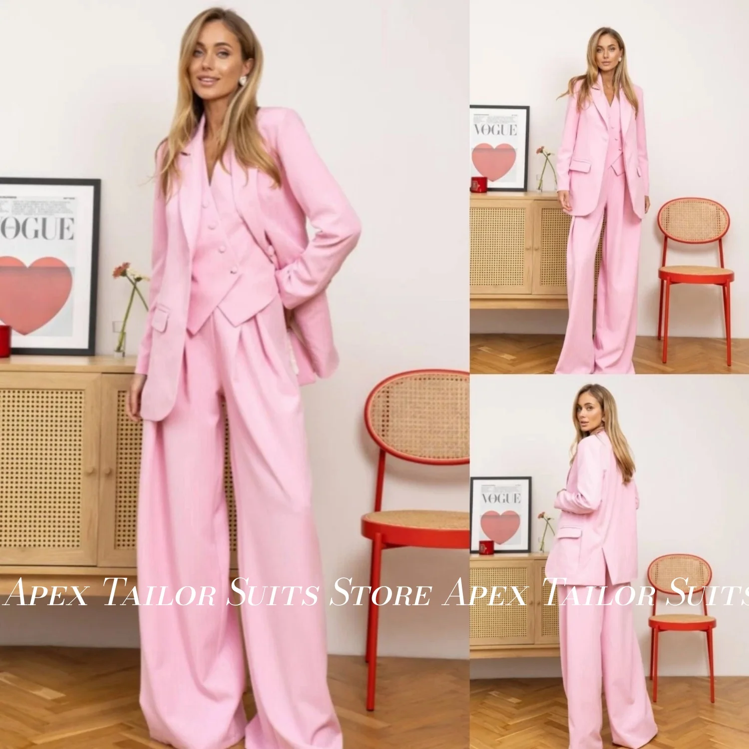 Elegant Ladies 3‑Piece Suit Pink Blazer Waistcoat Wide Leg Trousers Set Formal Business Prom Wedding Suit Custom Made