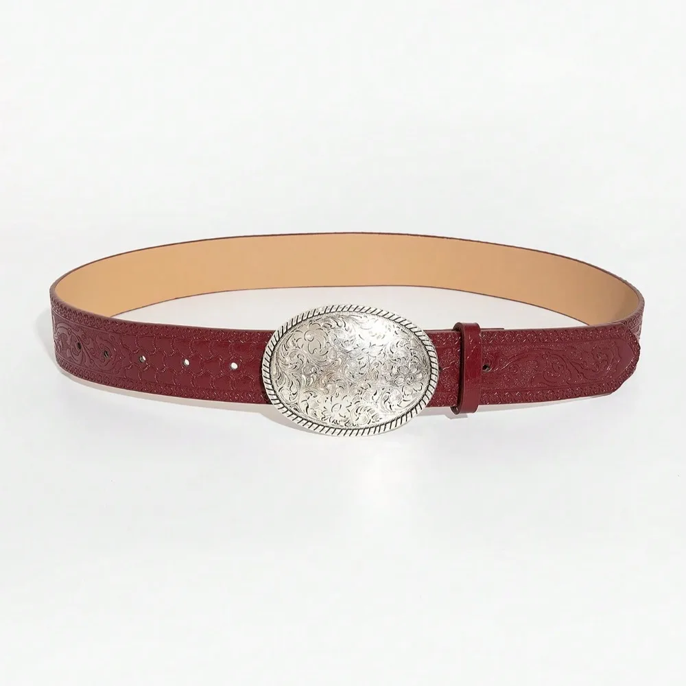 1 Piece of Retro Wine Red Patterned Circular Buckle PU Belt