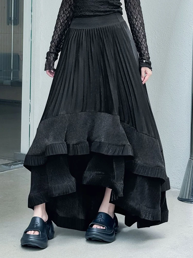 Yermora cintura alta elástica verde plissado babados elegante saia de meio corpo para mulheres solta moda maré srping verão 2025 novo