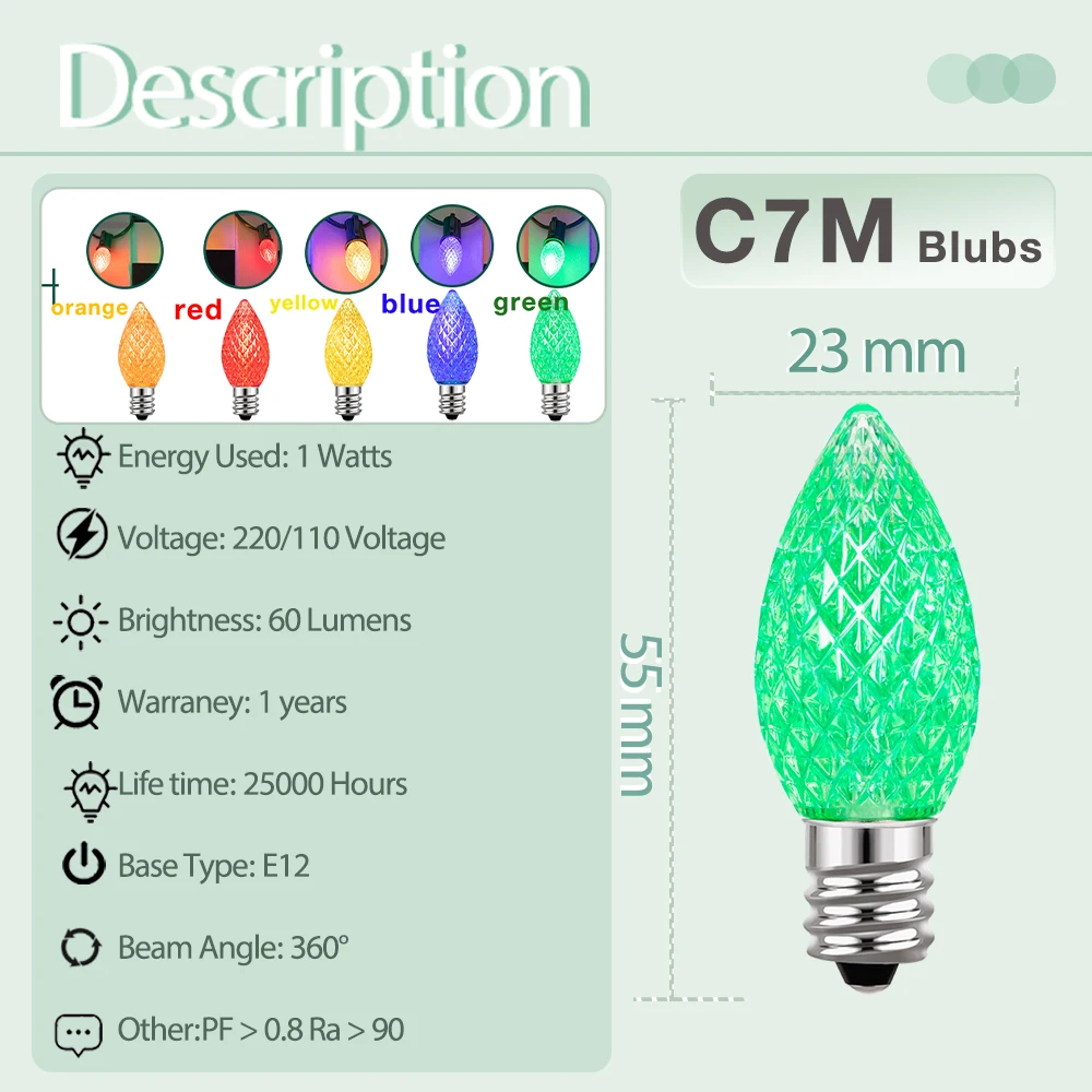 マルチカラーLEDストリングライト,防水,落下防止,クリスマスチェーン,c7,110v,220v,e12,0.6w