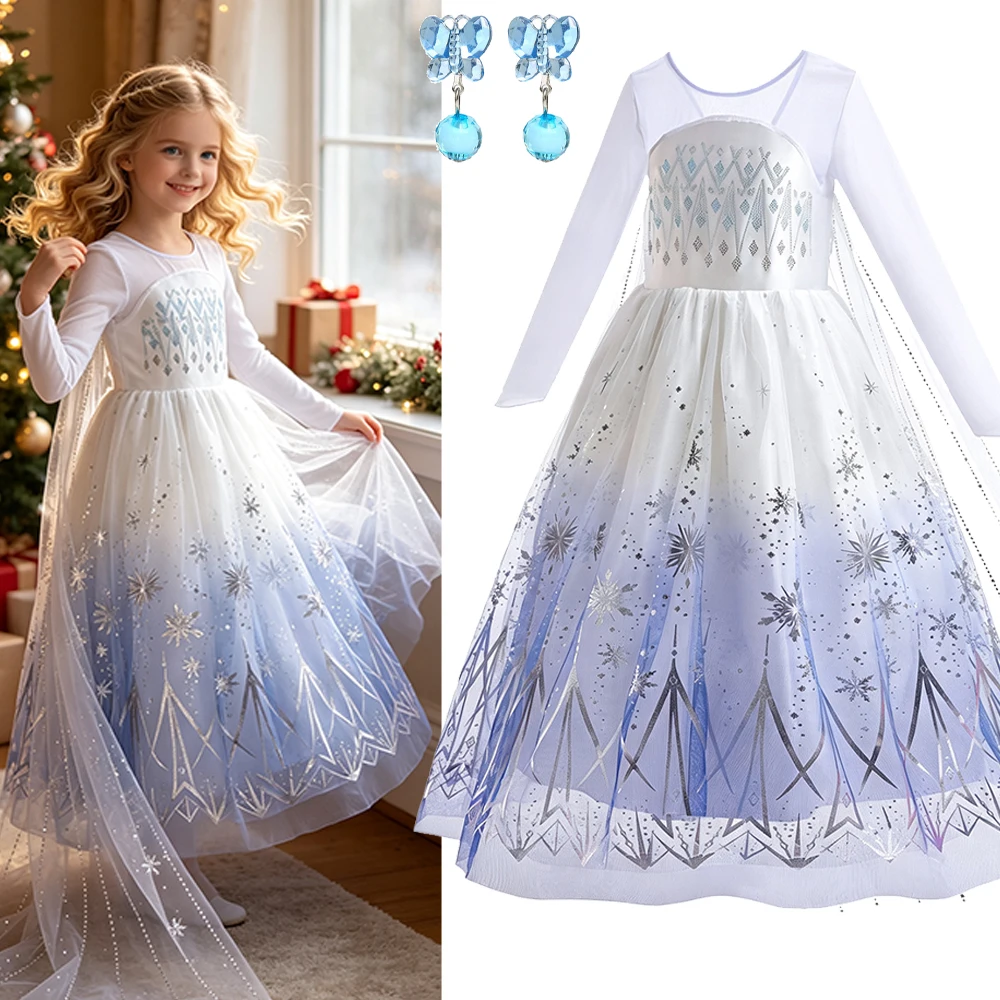 Fairy Tale Costume Kids White Princess Dress for Girls Long Sleeve With Crown Necklace Complete Accessories Set for Girls Gift