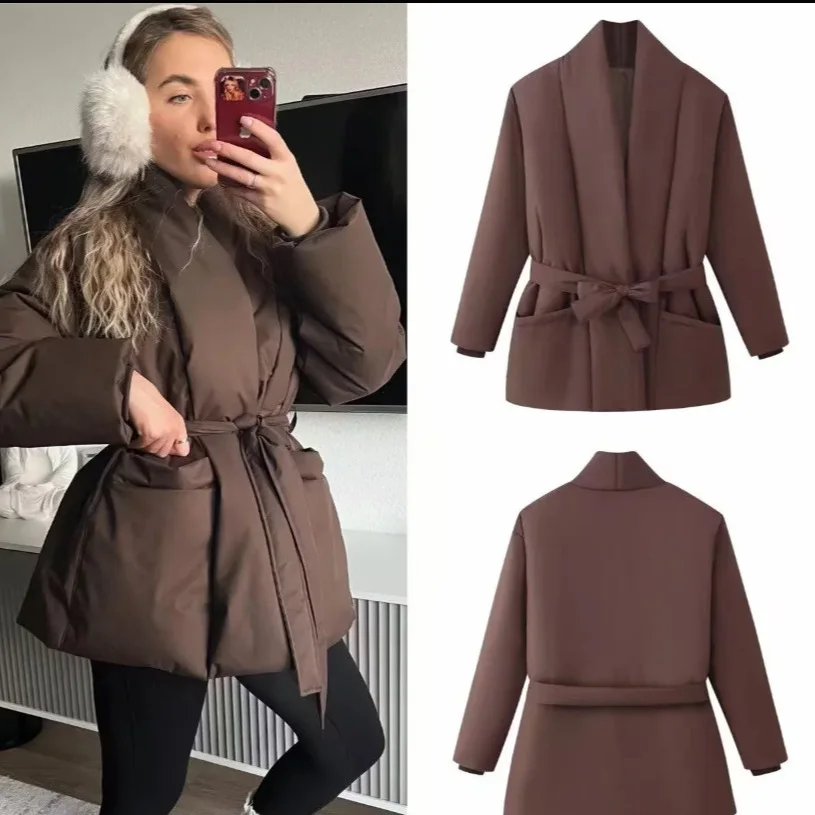 

Women's Fashion Casual Solid Color Lace-up Loose Warm Cotton Jacket XZ91