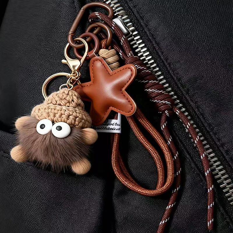 Cute Leather Keychain Cartoon Small Coal Ball Key Chain Creative Plush Bag Pendant Car Metal Keyring Gift