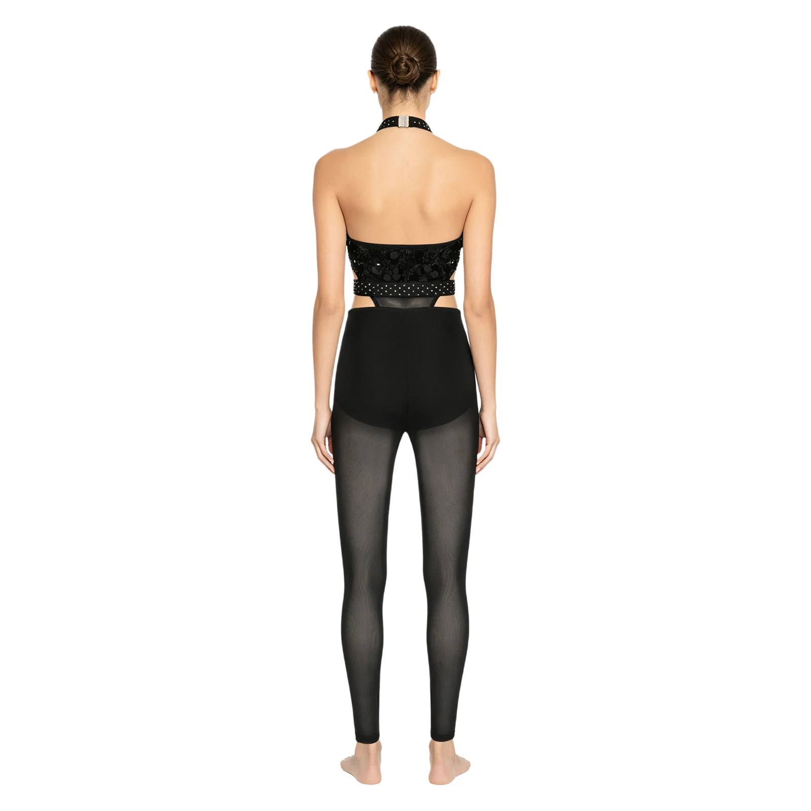 

Women Gymnastics Figure Skating Dance Unitard Sequin Bodice Waist Sheer Mesh Leggings Sparkly Stretchy for Competition Stage