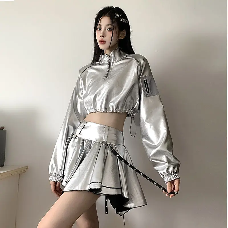 

Sexy Cropped Holographic Hoodies Women Shiny Hoody Long Sleeve Short Sweatshirt With Drawstring Pullovers Streetwear Skirt