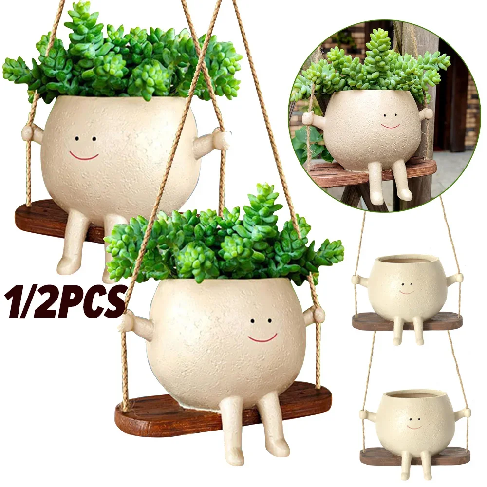 Creative Swing Face Planter Flower Pot Wall Planter Pot Resin Smiling Face Planter Wall Hanging Head Planter Garden Decoration