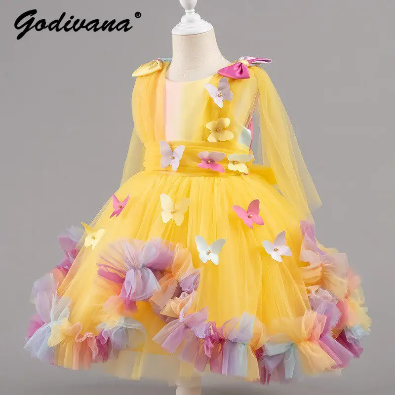 

Sweet Baby Girls Elegant Birthday Party Dress Kids 2026 New Summer Butterfly Bow Ruffle Trim Flower Girl Rainbow Tulle Dresses