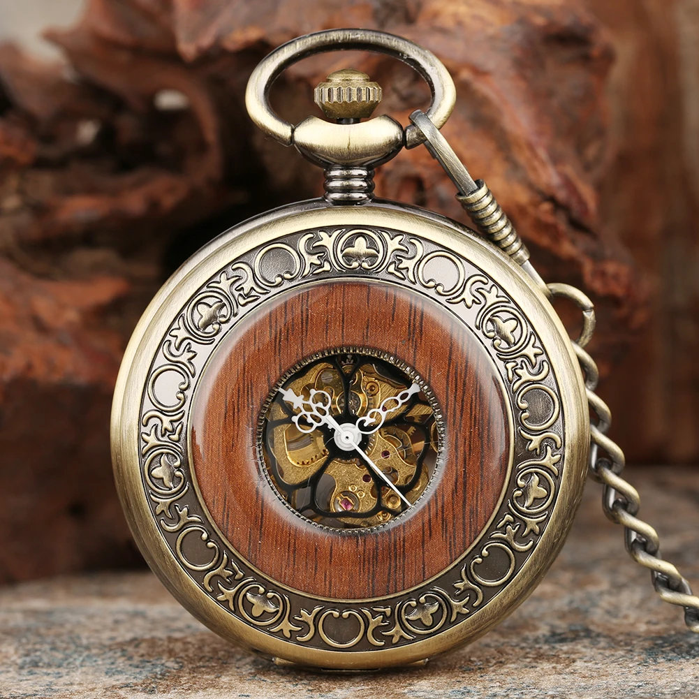 Red Wood Decor Half Hunter Manual Mechanical Pocket Watch Bronze Fob Chain Roman Numerals Dial Pocket Clock Retro Xmas Gift