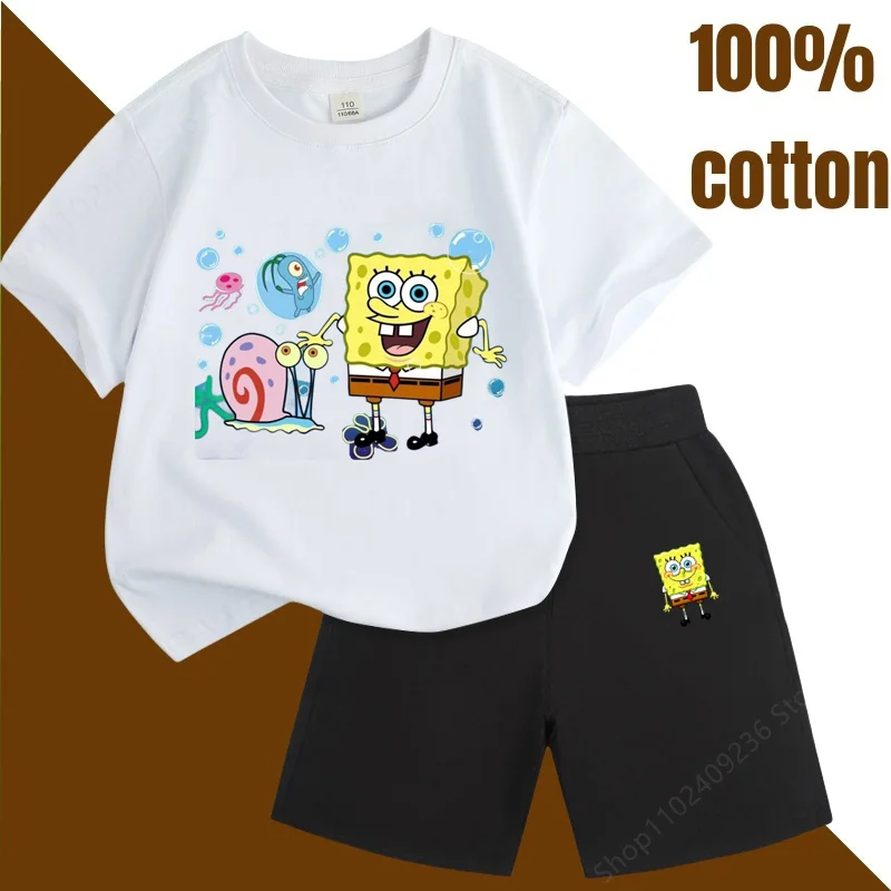 2024 New Cartoon Spongebob Stitched 100% Cotton Suit Children  Summer Children T-Shirt Boys Girls Short Sleeve Child Sets