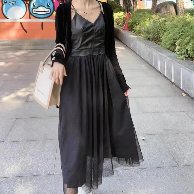 Women\'s Summer Dress Real Leather Black Suspender Long Skirt Stitching Mesh Big Swing V-Neck Sheepskin A-Line Vestido Feminino