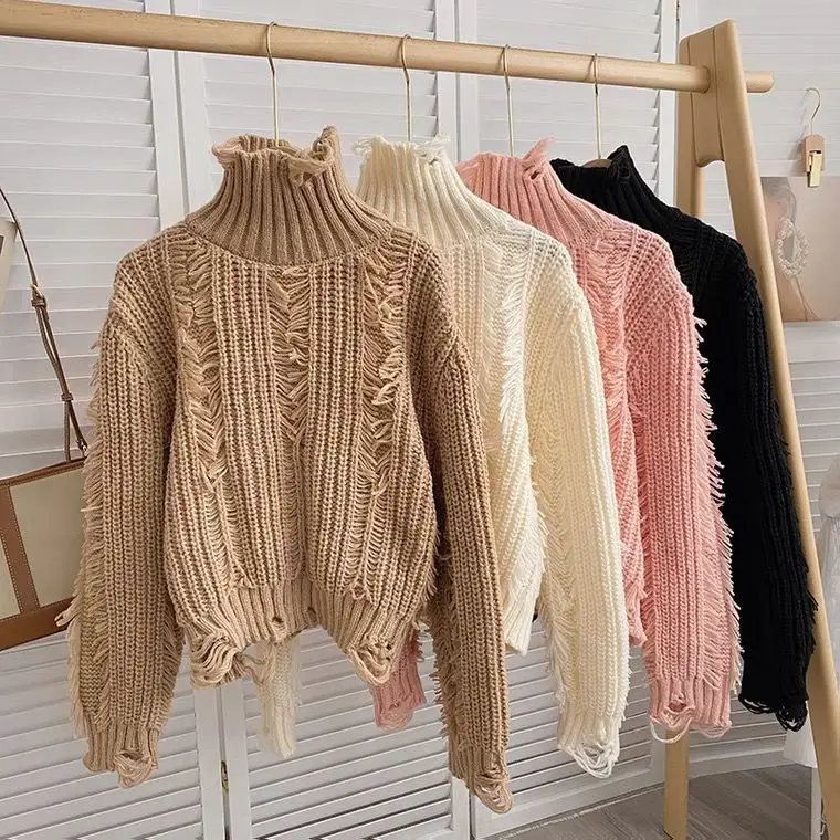 High Collar Pullovers Women Summer Woman Sweaters Long Sleeve Hollow Out Short Fashion Sweaters Tricot Knitted