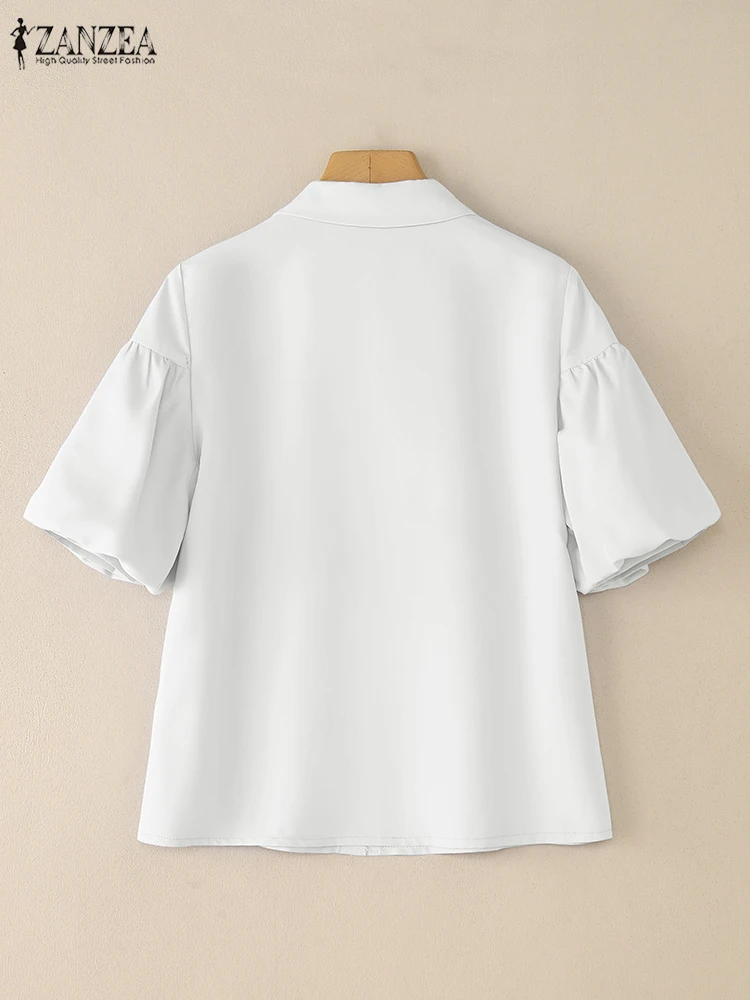 ZANZEA Dames Geborduurde Strikdetailoverhemden 2025, Zomer Casual Korte Lantaarnmouwen Turn-Down Kraag Button Up Shirt Streetwear