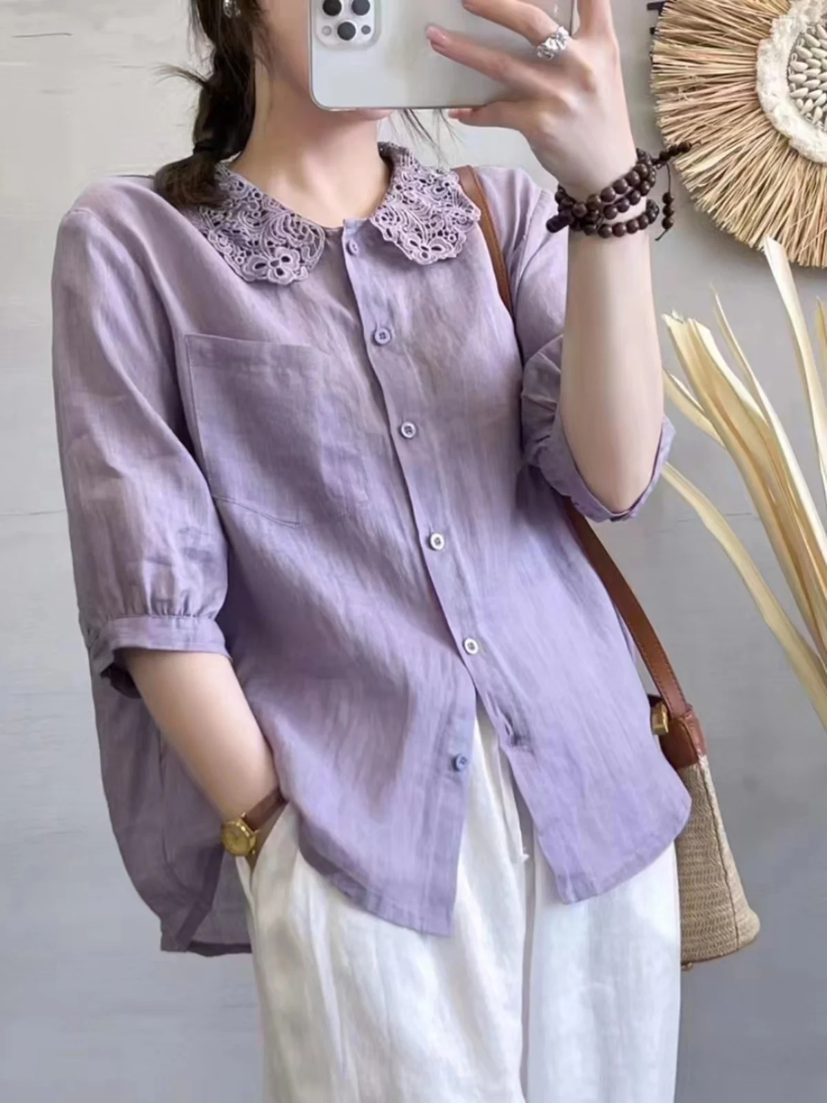 

Свободный крой Linen irt, женский художественный кукольный воротник ort Sve, однотонный универсальный модный летний топ для детей 30-34 лет