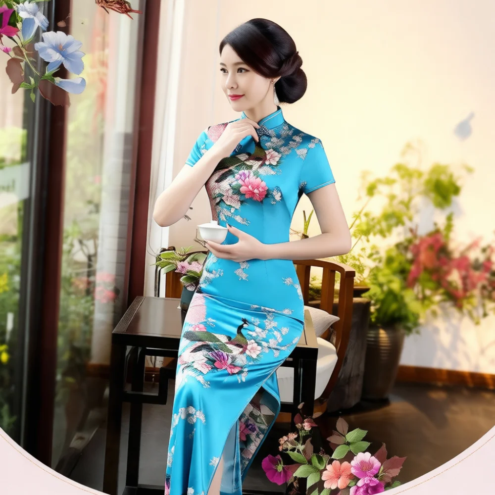 Vintage Chinese Style Cheongsam Dress Elegant Satin Floral Printed Maxi Dresses Women Traditional Formal Banquet Party Gown