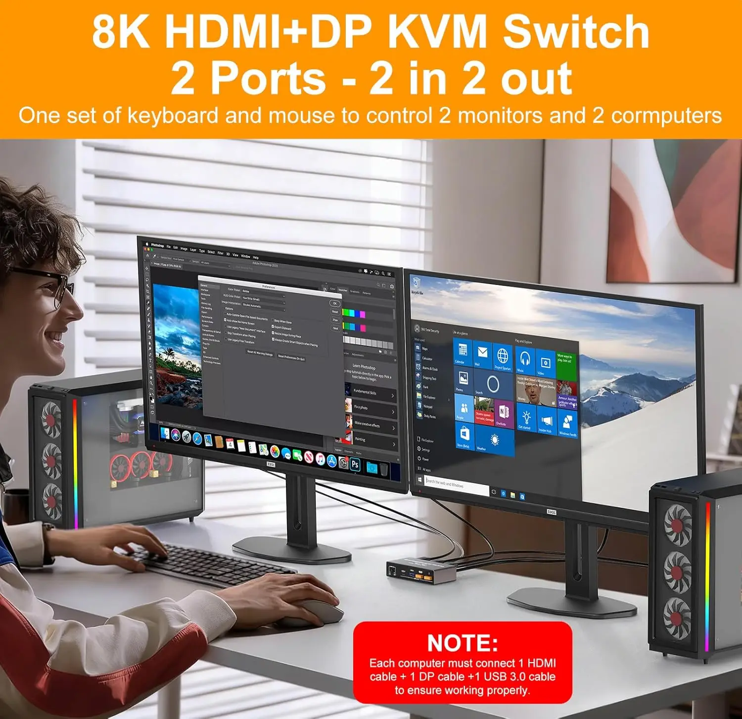 8K  DisplayPort HDMI KVM Switch 2 Monitors 2 Computers with 4 USB 3.0 Ports,Dual Monitor KVM Switch  for 2 PCs 8K@60Hz/4K@120Hz
