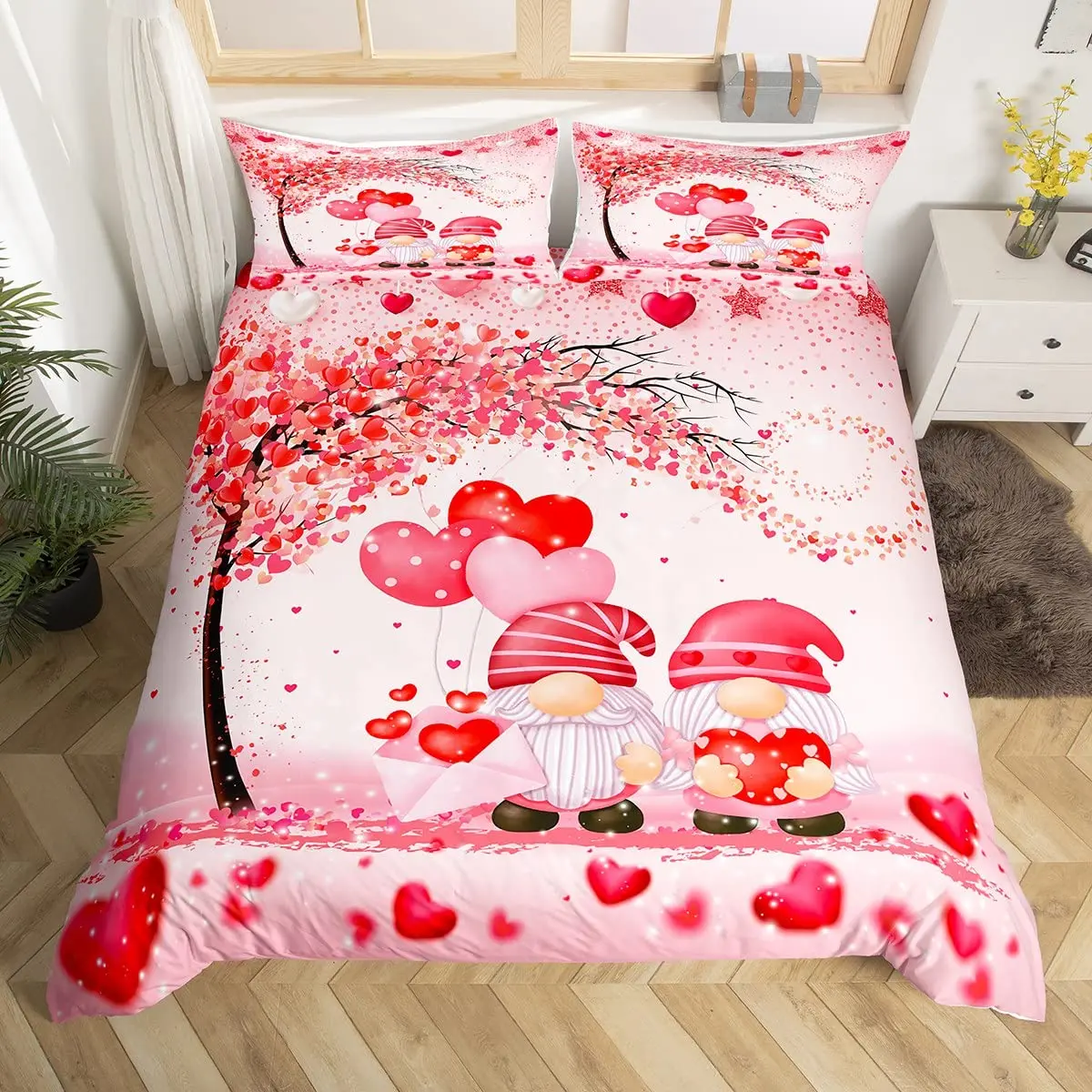 Happy Valentine's Day Duvet Cover King Cute Love Red Heart Shaped Comforter Cover Romantic Pink Couple Style Modern Bedding Set