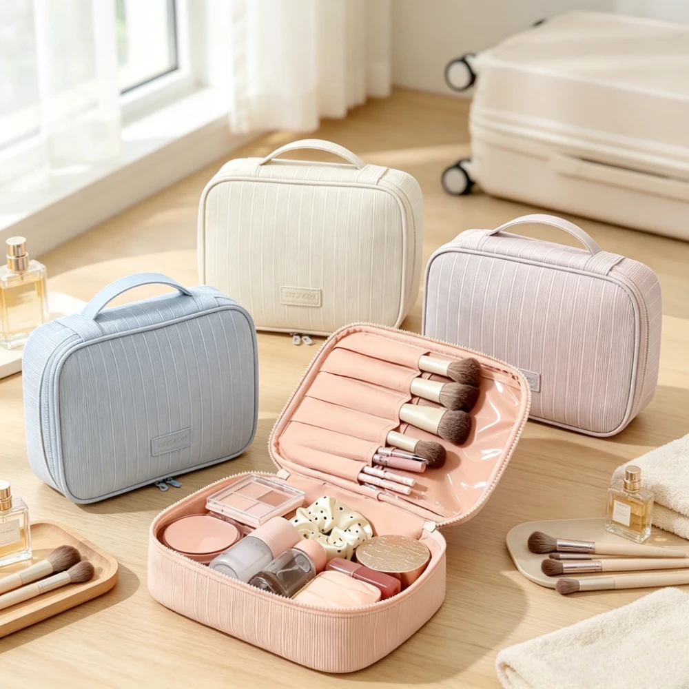 Large Capacity Striped Makeup Bag Portable Toiletry Bag Square Makeup Bag with Handle for Travel Bathroom Daily Beauty Organizer