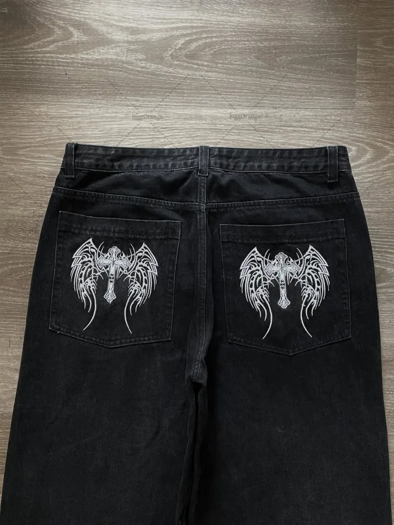 

Harajuku Retro Sacred Cross Casual Loose Jeans Men American Street Hip-hop Punk Y2K Fashion Straight Wide-leg Pants Women