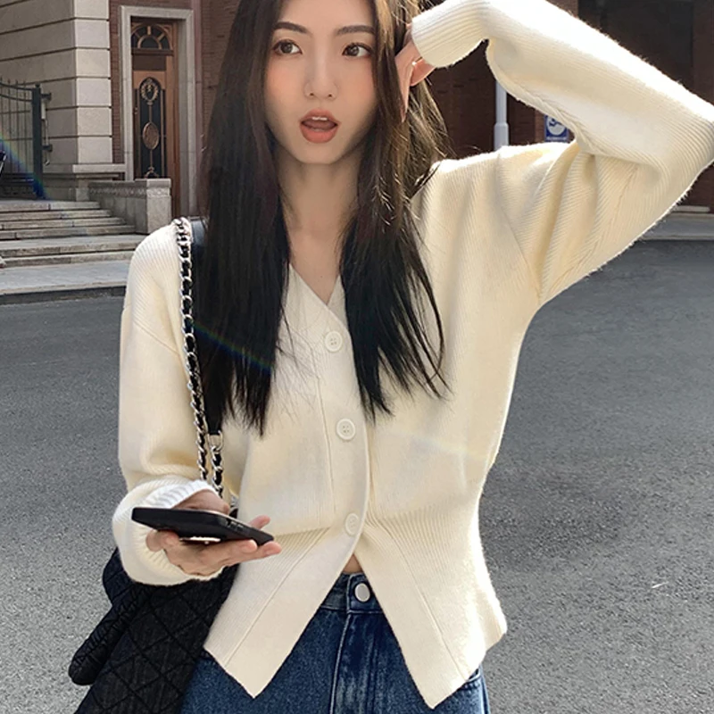 프랑스어 게으른 스타일 니트 카디건 스웨터 가을 v 넥 탑 부드러운 살구 카디건 달콤한 긴 소매 한 사이즈 스웨터 7768