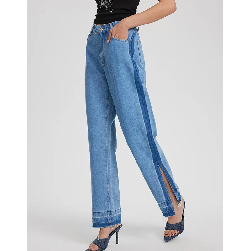 

Fashionable and Retro High-waisted Slit Straight-leg Jeans.Ladies' Four Seasons New Casual British-style Loose Comfortable Jeans