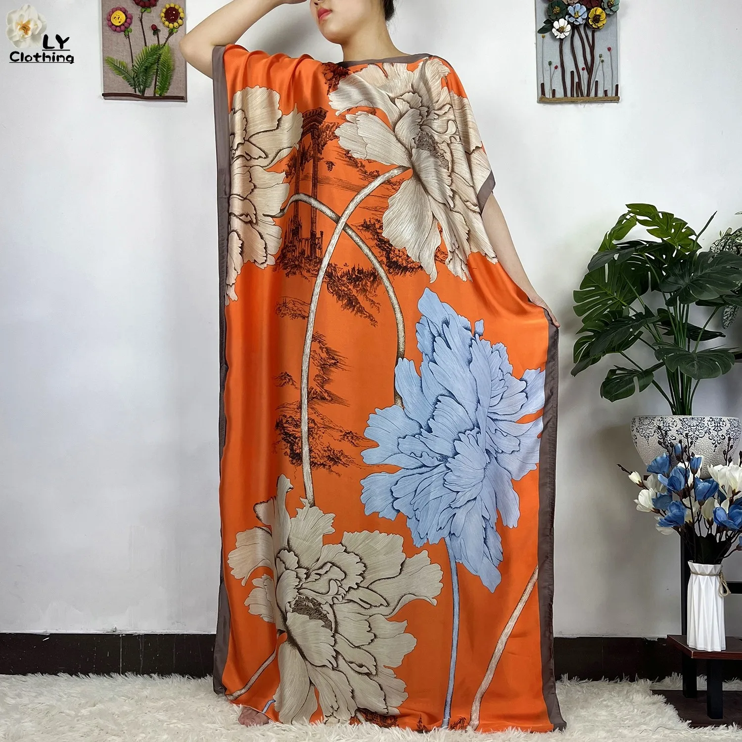 2023 New African Fashion Short Sleeve Colored Pattern Dubai Women Summer Real Silk Soft Printing Loose Tradition Muslim Dress