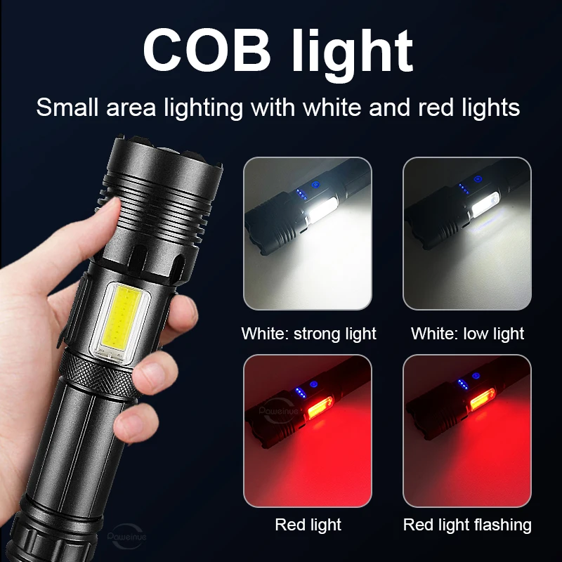 Hochleistungs-LED-Taschenlampen xhp120 LED tragbare zoombare wiederauf ladbare abs starkes Licht Cob Seiten licht eingebaute Batterie Taschenlampe