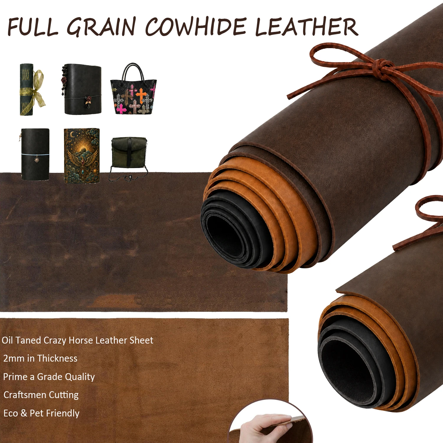 3/1Pack 2.0mm Genuine Cowhide Crazy Horse Leather Sheets Oil Wax Pull-Up Leather for Wallet Bag Sheath DIY Hand Sewing Crafts