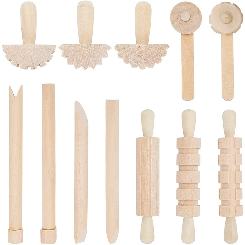 Clay and Dough Wood Pottery Tools, Play Accessories, Inclui Rolos, Martelo, Party Pack, Selos para Clay Art, 12Pcs