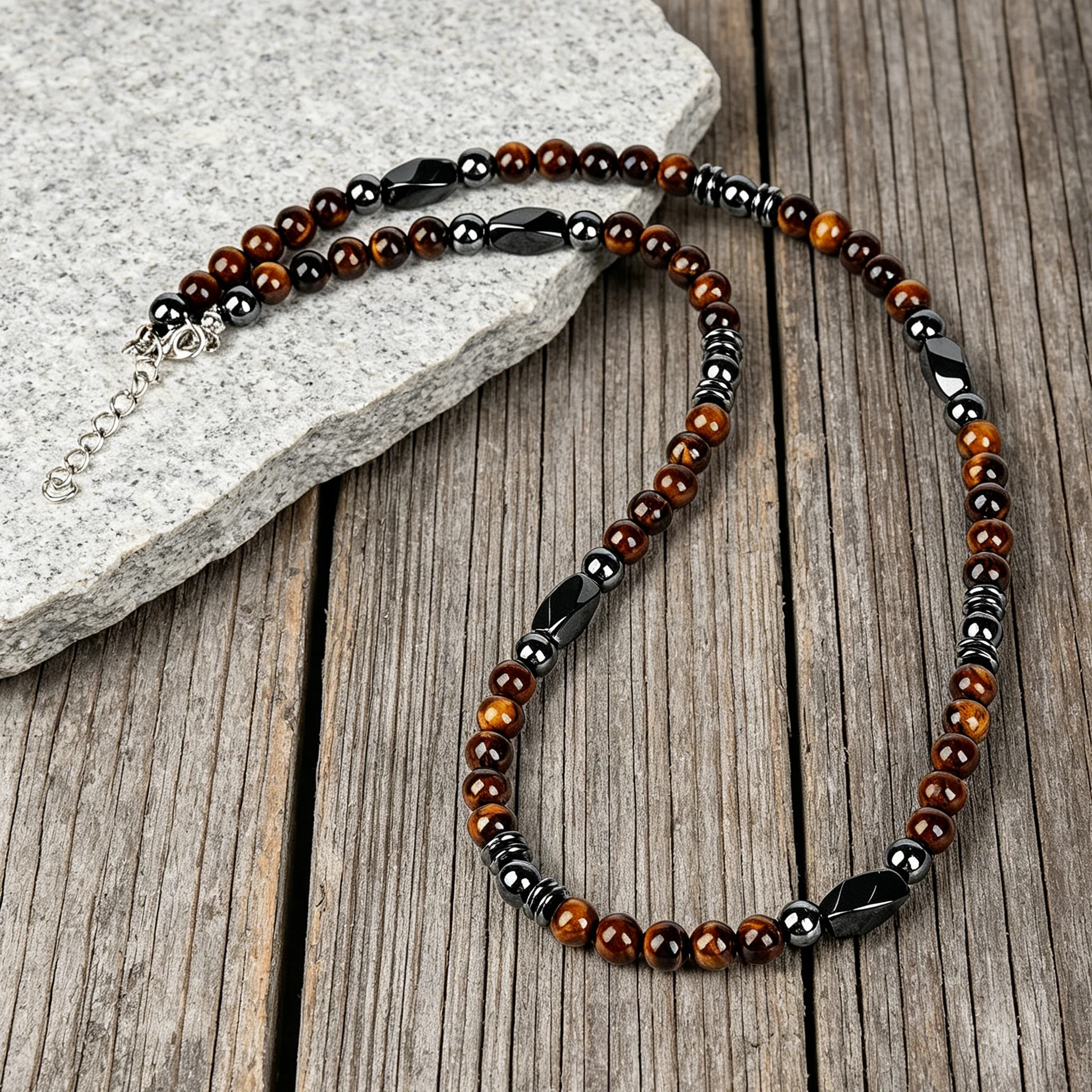 Tigers Eye Necklace for Women Men Natural Stone Hematite Energy Protection Beaded Choker Cool Gift for Boyfriend