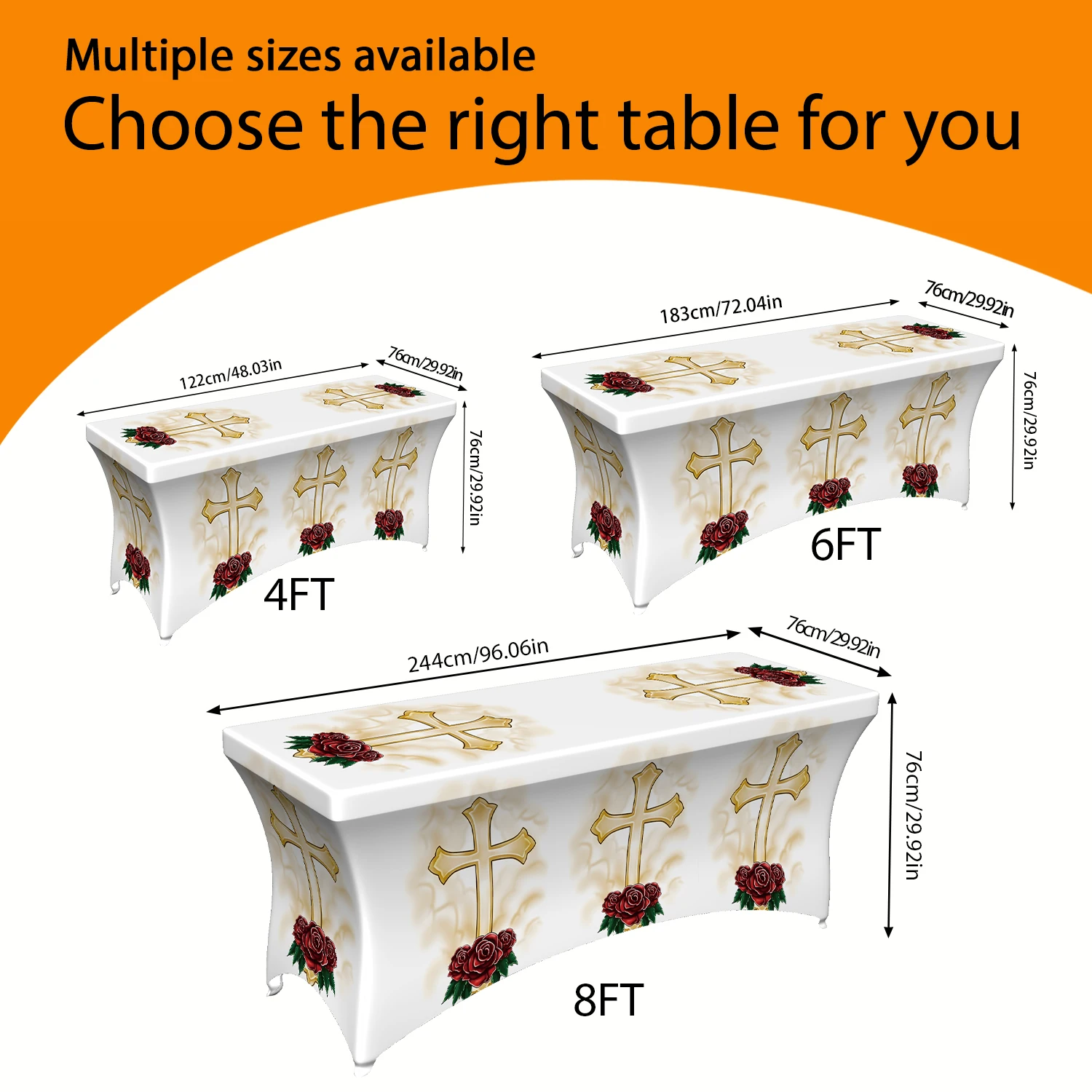 1PC Religious Cross & Rose Printed Elastic Tablecloth, 4/6/8FT Summer Outdoor Stretchable Table Cover, Machin