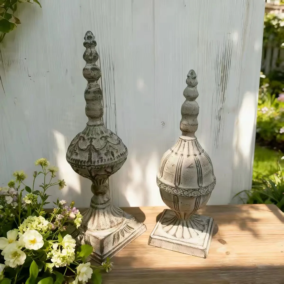 Vintage Iron Decorative Finial, Distressed Grey Ornamental Sculpture for Tabletop Mantel Shelf Decor, 2 Styles