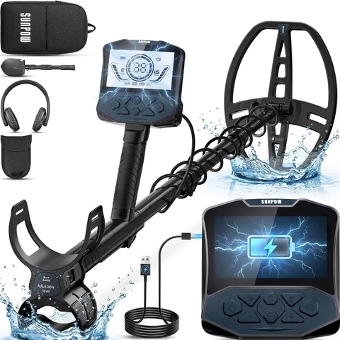 SUNPOW Professional Underground Metal Detector for Adults, Rechargeable, 11" IP68 Waterproof Double D Coil, High Accuracy Gold Detector with Large Backlit LED Display for Outdoor Treasure Hunting, Beach Field Yard Relic Coin Detecting
