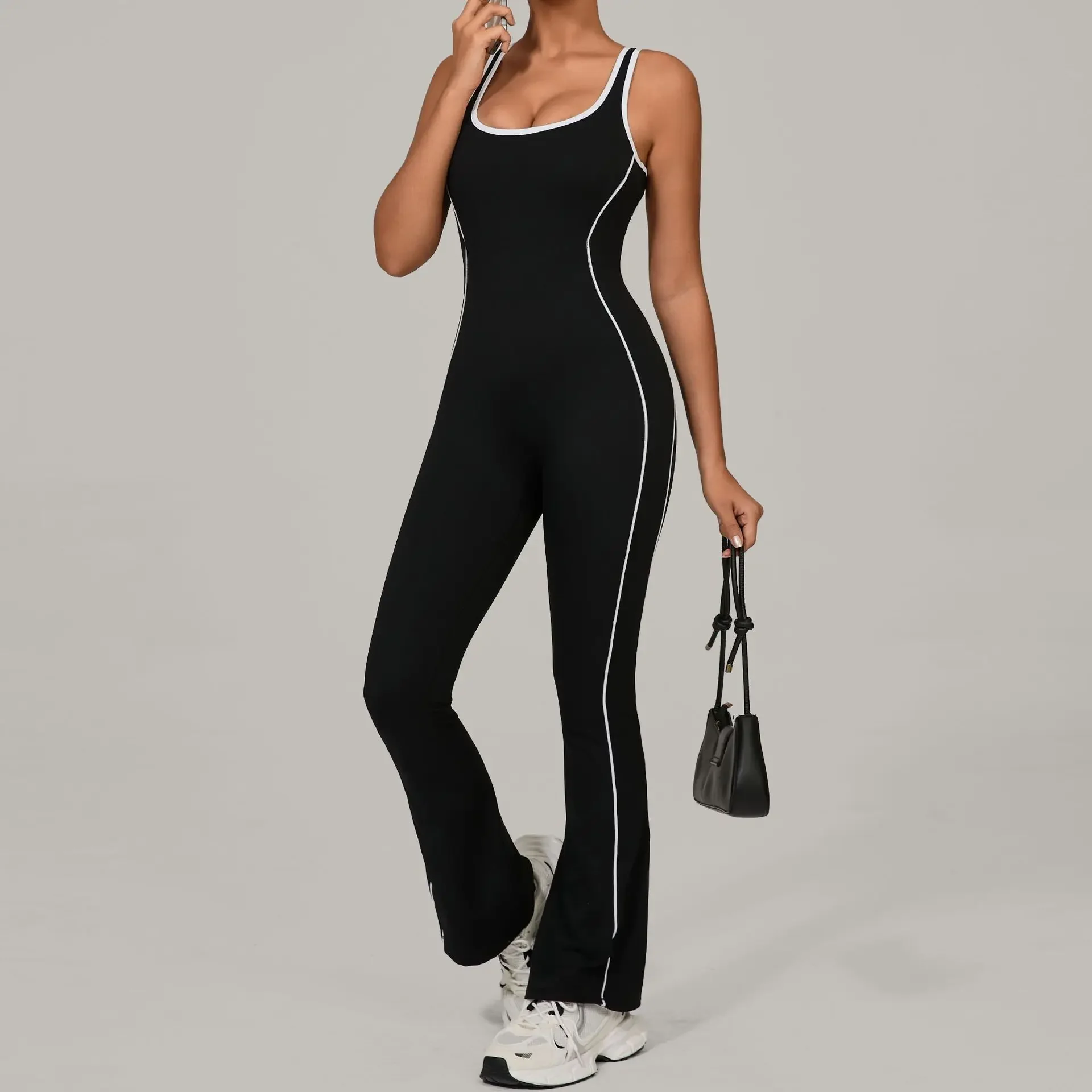 

Yoga Jumpsuit Sports Fitness Hip Lifting Pleating Beautiful Back One-piece Micro Flared Workout Clothing Gym Bodysuit for Women