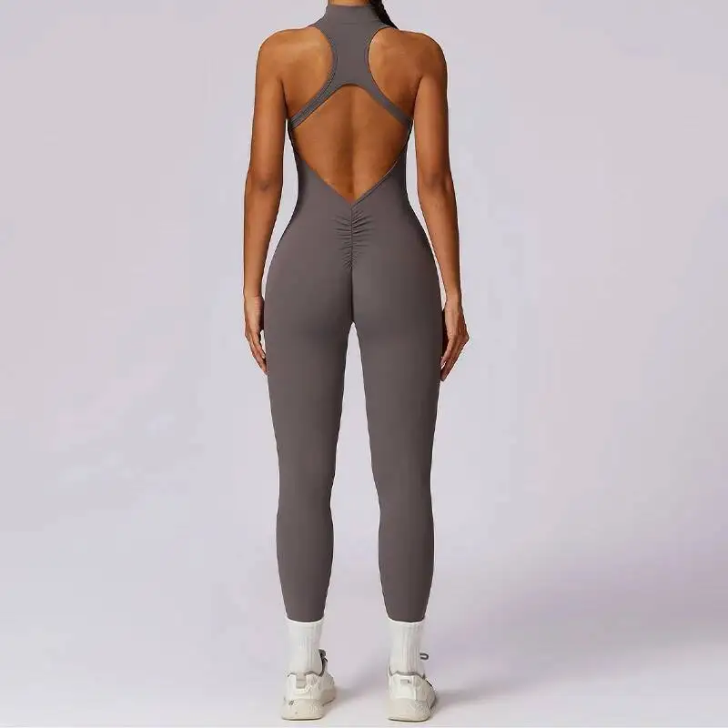 

V Back One Piece Suit Sports Jumpsuit Zippers Yoga Rompers Backless Sportswear Women Sleeveles Workout Bodysuits Female