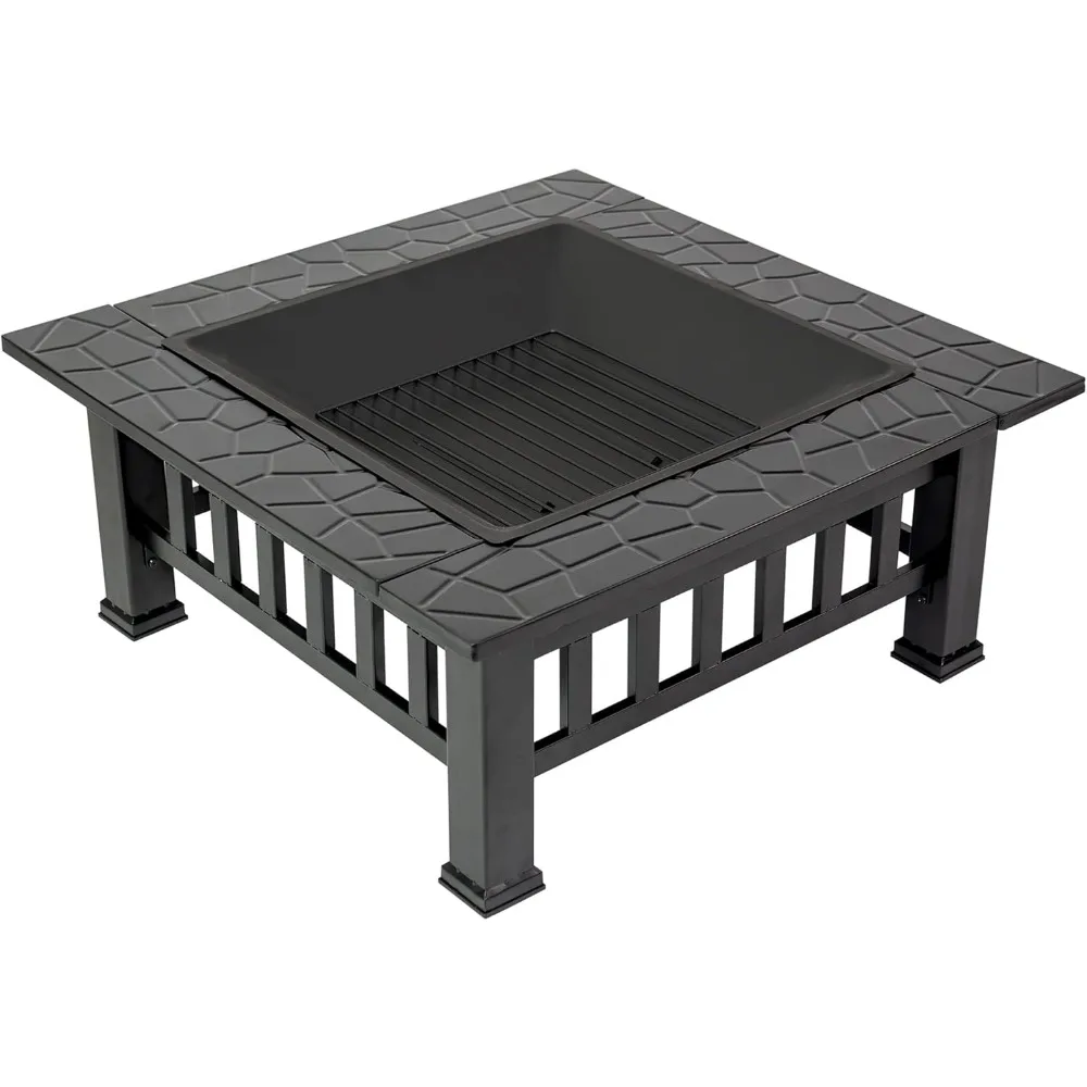 Outdoor Fire Pit Table, 32 inch Multifunction Metal Square Fire Pit in Black with Spark Screen Lid, Cooking Grate