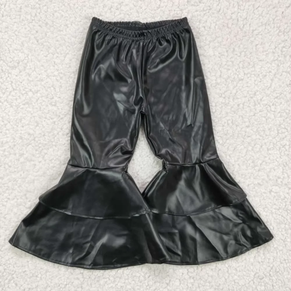 Black Premium Leather Bell Bottom Pants for Baby Girls High Quality Toddler Fashion Pants Stylish Kids Flared Trousers