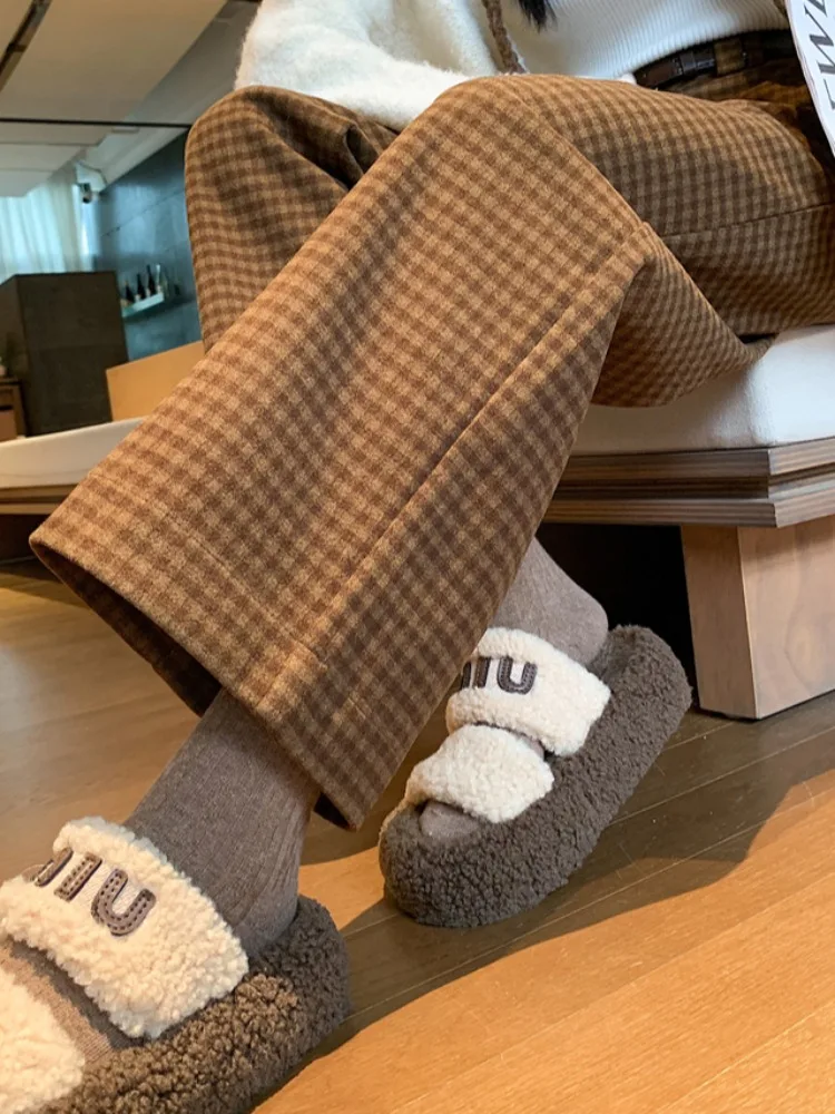 

Шерстяные широкие брюки цвета хаки в клетку, женские свободные прямые брюки-трубы, осень-зима, повседневные брюки небольшого размера с высокой посадкой