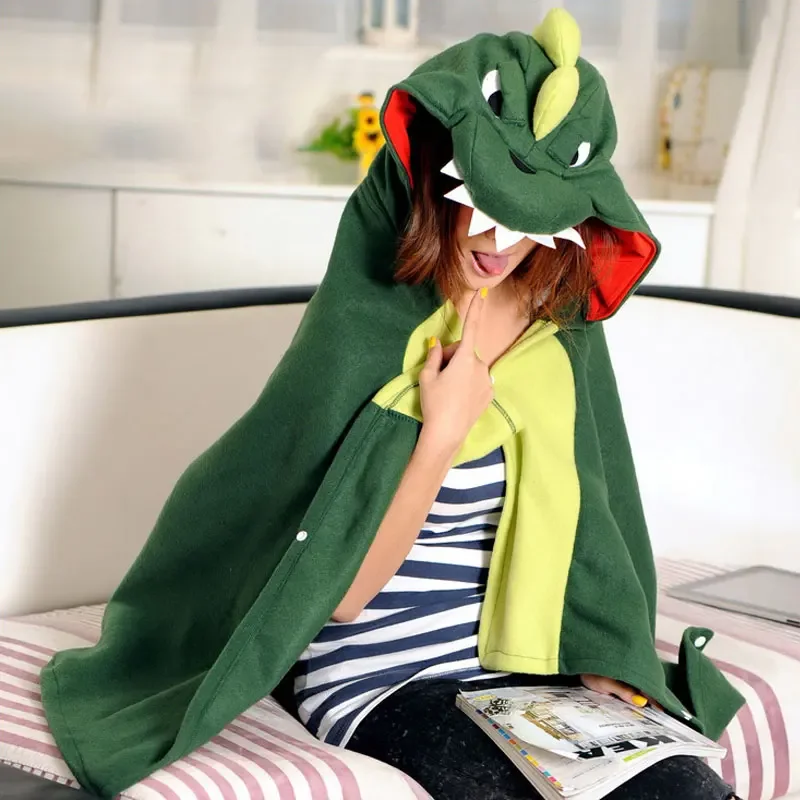 Animal Wearable Dinosaur Blanket with Hooded for Children Adults Cute Plush Throw Flannel Blanket for Bed Travel Christmas Gifts