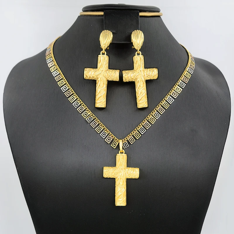 

Brazilian Jewelry Sets Necklace Drop Earrings Cross Pendant Gold Plated Copper Dubai Party Jewellery Nigeria Trending